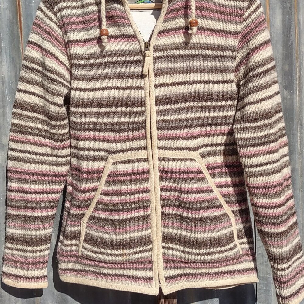Laundromat Nepal 100% Wool Striped Hooded Sweater Jacket Full Zip Women Medium